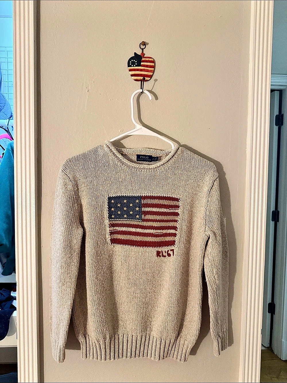 Polo Ralph Lauren RL67 American Flag Sweater Crewneck Cream & Red Small